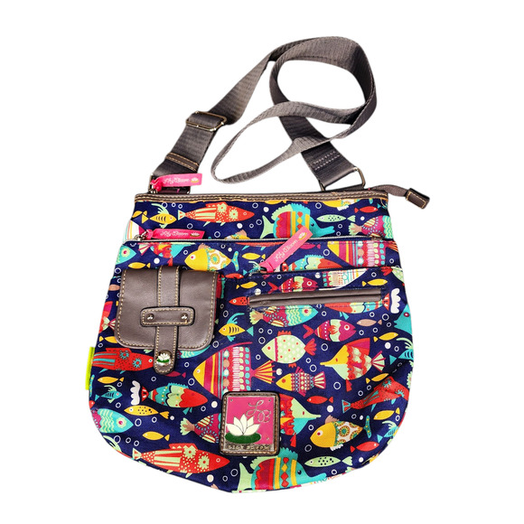 Lily Bloom Crossbody Bag Fish Blue Red Pink Aqua Green Art to Wear Vibrant READ‎ - Picture 1 of 12